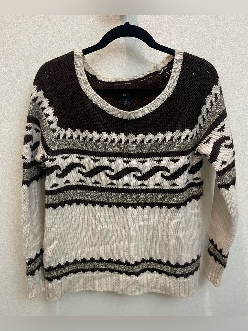 American Eagle Outfitters Oversized Brown & Cream Patterned Crewneck Sweater